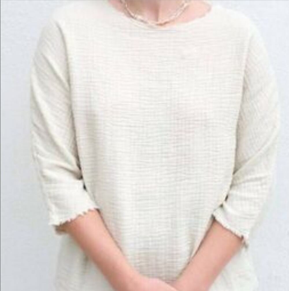 Eileen Fisher Gauze Medium Organic Cotton Raw edge textured Cream blouse top